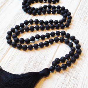 NWT Black Lava Hand-Knotted Mala Beads 108 With Black Silky Tassel